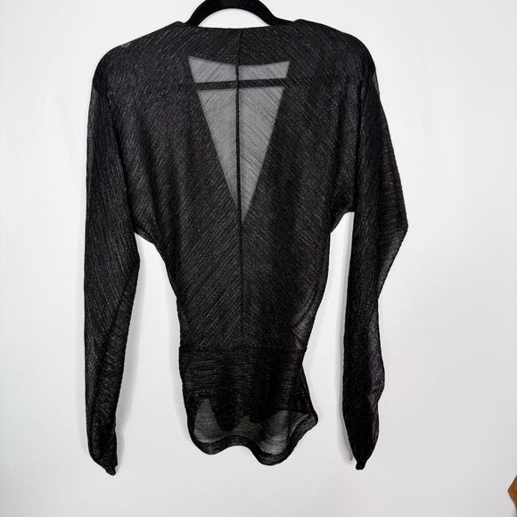 Kinly XSmall XS Black Metallic Surplice VNeck Long Sleeve Blouse Top Ruched Hem - Picture 2 of 8
